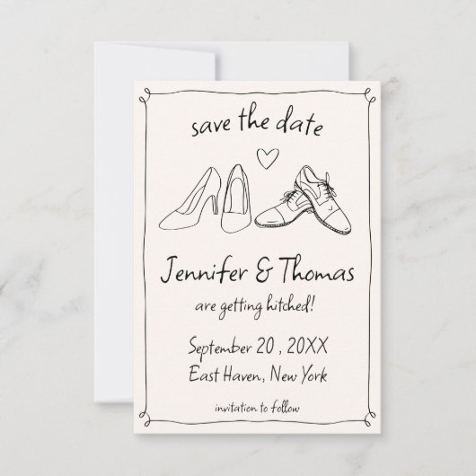Eigenzinnige Whimsical Hand Getrokken Doodle Schoe Save The Date (Voorkant)