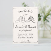 Eigenzinnige Whimsical Hand Getrokken Doodle Schoe Save The Date (Staand voorkant)