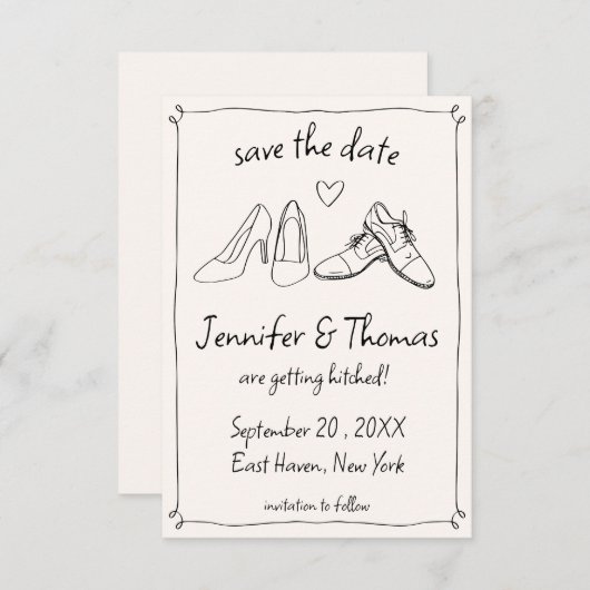 Eigenzinnige Whimsical Hand Getrokken Doodle Schoe Save The Date (Voorkant / Achterkant)