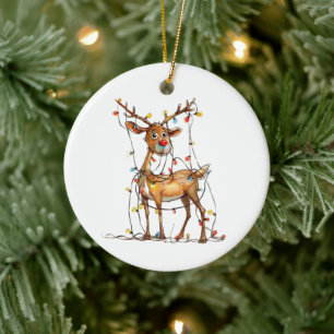Eigenzinnige Whimsical Red Nosed Reindeer met Lich Keramisch Ornament
