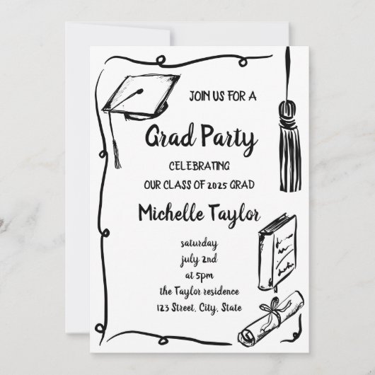 Eigenzinnige Whimsical Unique Hand Drawn Afstudeer Kaart (Voorkant)