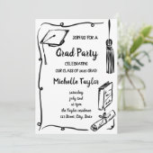 Eigenzinnige Whimsical Unique Hand Drawn Afstudeer Kaart (Staand voorkant)