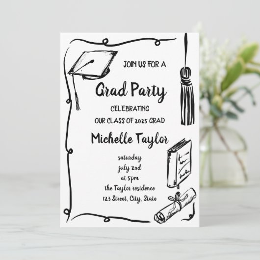 Eigenzinnige Whimsical Unique Hand Drawn Afstudeer Kaart (Staand voorkant)