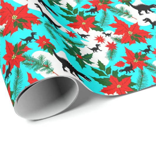 Eigenzinnige Zwarte Dinosaurussen en Poinsettias K Cadeaupapier (Rol Hoek)