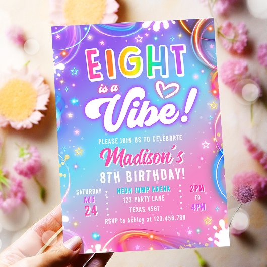 Eight is a Vibe Retro Groovy Neon Girl Birthday Kaart