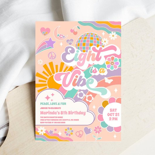 Eight Is A Vibe Sun Rainbow Disco 8th Birthday  Kaart