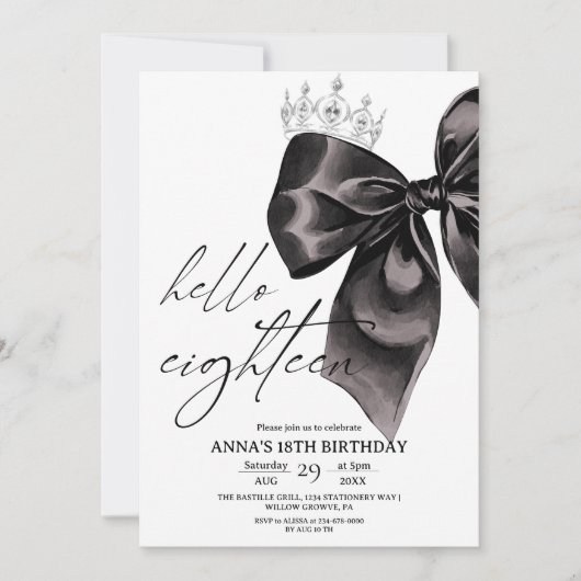 Eighteen Black Bow 18th Birthday Invitation Kaart (Voorkant)