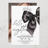Eighteen Black Bow 18th Birthday Invitation Kaart (Voorkant / Achterkant)