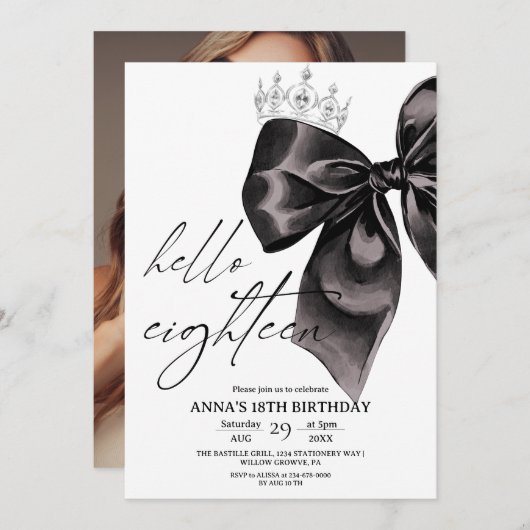 Eighteen Black Bow 18th Birthday Invitation Kaart (Voorkant / Achterkant)
