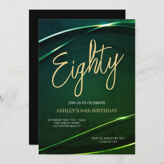 Eighty Emerald Green and Gold 80th Birthday Kaart (Voorkant / Achterkant)