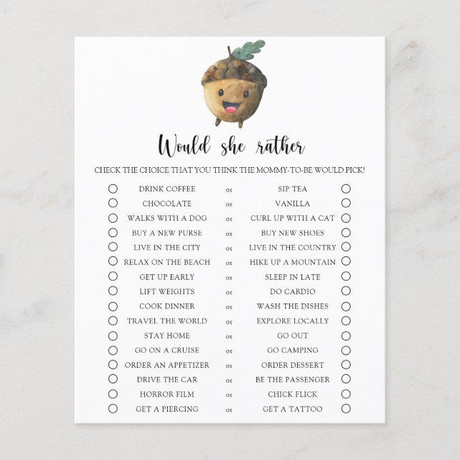 Eikel / Zou ze liever baby shower spel (Voorkant)