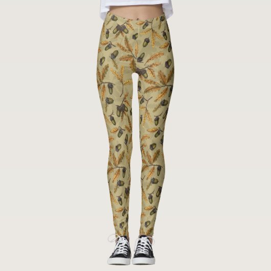 Eikels en eikenbladeren op ecru leggings (Voorkant)