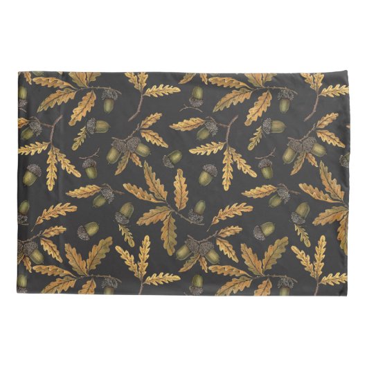 Eikels en eikenbladeren op zwart kussensloop (Achterkant-Links)