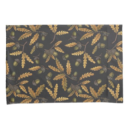 Eikels en eikenbladeren op zwart kussensloop (Voorkant-Rechts)