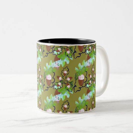 eikels en eikenbladeren. tweekleurige koffiemok (Voorkant rechts)