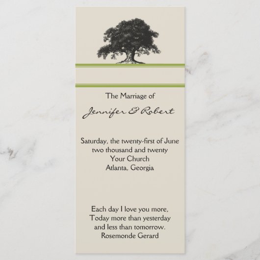 Eiken boom plantage in groene bruiloft programma programmakaart (Voorkant)