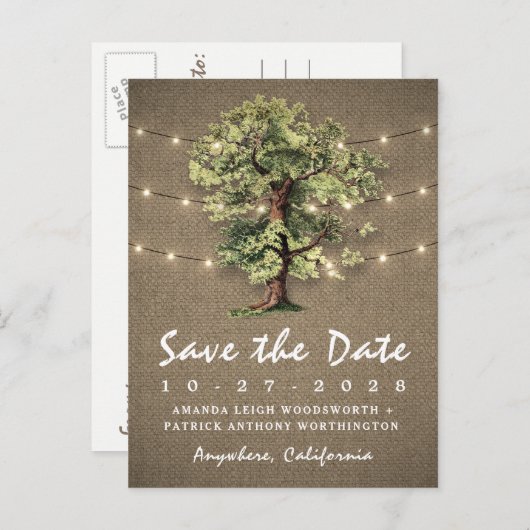  eiken boom rustieke lichten opslaan van de datum  aankondigingskaart (Voorkant / Achterkant)