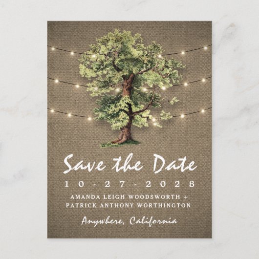  eiken boom rustieke lichten opslaan van de datum  aankondigingskaart (Voorkant)