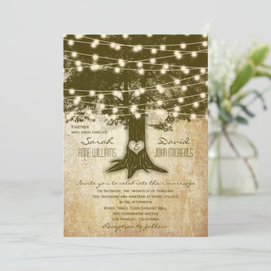 eiken boom rustieke string verlichting bruiloft kaart (Staand voorkant)
