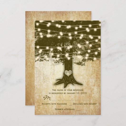 eiken boom rustieke string verlichting bruiloft R RSVP Kaartje (Voorkant / Achterkant)
