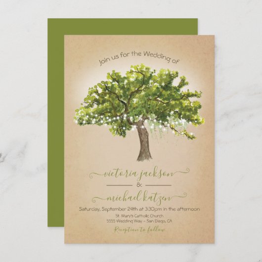 Eiken Boom Spaans Mos String van lichten Bruiloft Kaart (Voorkant / Achterkant)