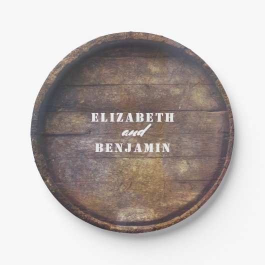 eiken vat bodem rustiek land hout bruiloft papieren bordje (Voorkant)