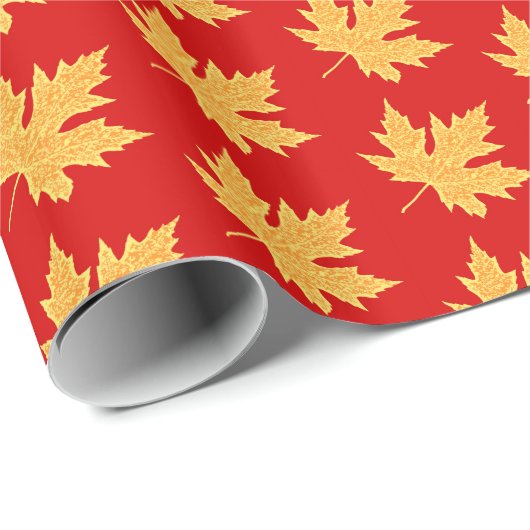 eikenblad — diep rood en saffraan cadeaupapier (Rol Hoek)