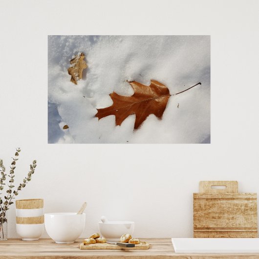 eikenblad op de sneeuw poster (Keuken)