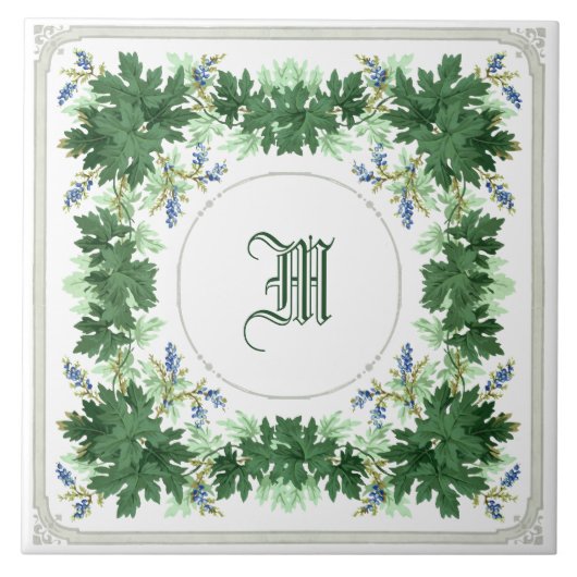 Eikenbladeren en bessen krans border monogram tegeltje (Voorkant)