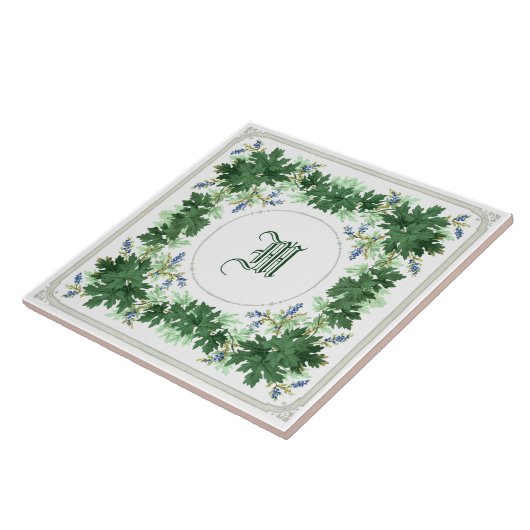 Eikenbladeren en bessen krans border monogram tegeltje (Zijkant)