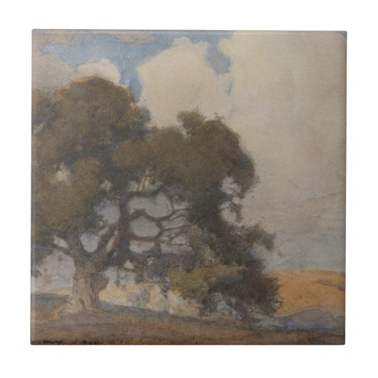 Eikenboom (1910) - Majestueuze  Waterverf Tegeltje (Voorkant)