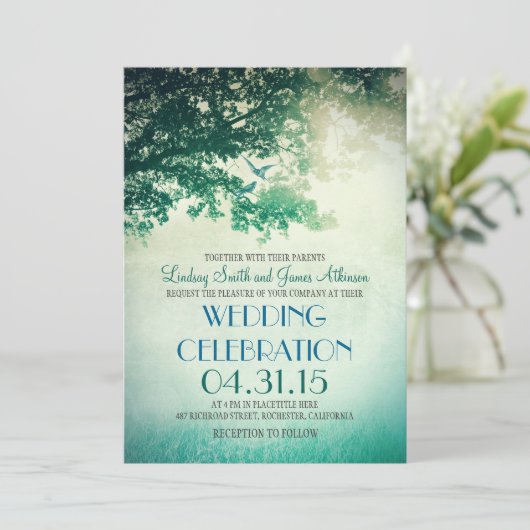  eikenboom & love birds bruiloft uitnodigingen (Staand voorkant)