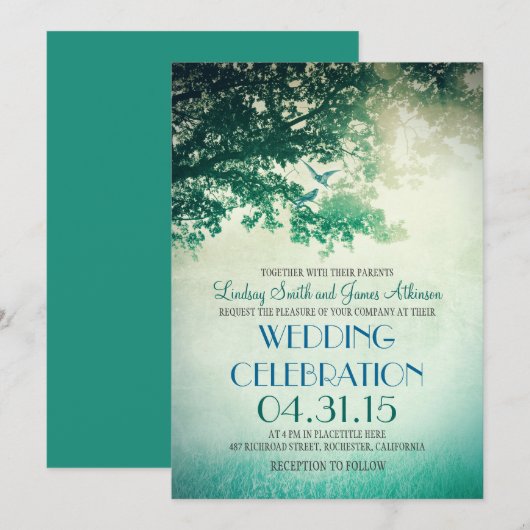  eikenboom & love birds bruiloft uitnodigingen (Voorkant / Achterkant)