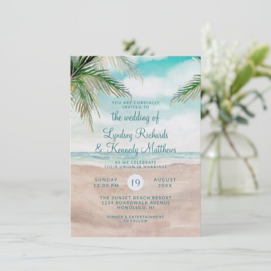 Eiland Breeze Palm Trees Strand Scène Bruiloft Kaart (Staand voorkant)
