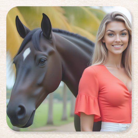 Eiland charme: Helena en haar majestueuze paard Kartonnen Onderzetters (Voorkant)