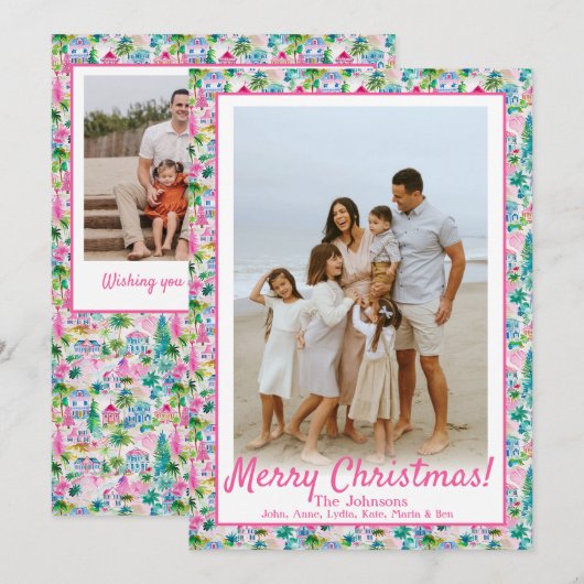 Eiland Kerstmis, Strand Roze & Groen Custom Photo Feestdagenkaart (Voorkant / Achterkant)