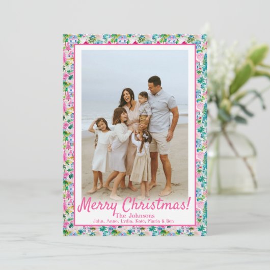 Eiland Kerstmis, Strand Roze & Groen Custom Photo Feestdagenkaart (Staand voorkant)