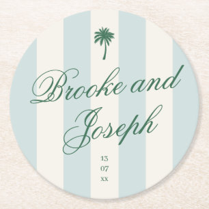 Eiland Palm Stripe Cabana Strand Retro blauwe trou Ronde Kartonnen Onderzetter