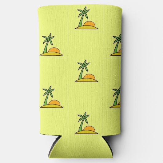 Eiland palmbomen en zon op geel seltzer blikjeskoeler (Voorkant)