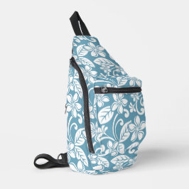 EILAND PLUMERIA PATROON IN LEISTE BLAUW SLING BAG