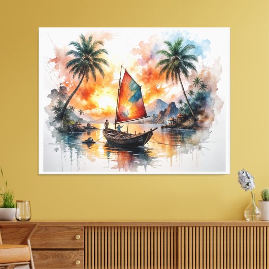 Eiland Sereniteit – Exotisch Bootschap Landschap W Canvas Afdruk (Insitu (Woonkamer))
