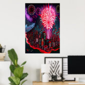 Eiland, stad en vuurwerk | AI Art Poster (Thuiskantoor)