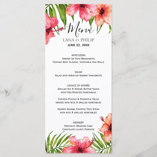 eilandparadijs | Waterverf Bloemen Palmen Bruiloft Menu (Voorkant)