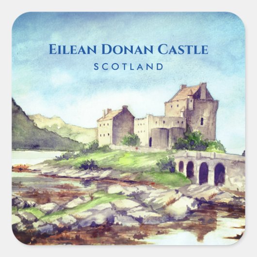 Eilean Donan Castle Scotland Waterverf Painting Vierkante Sticker (Voorkant)