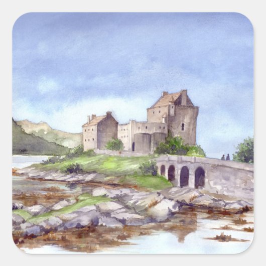 Eilean Donan Castle Waterverf Painting Vierkante Sticker (Voorkant)