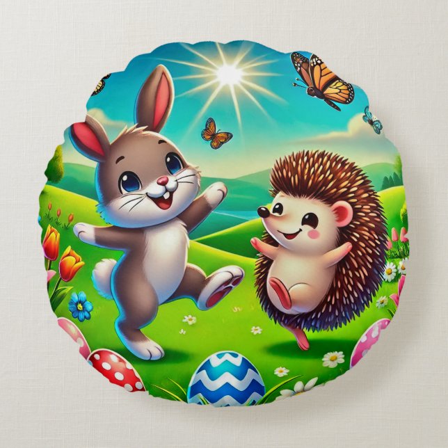 Ein glücklicher Hase und Igel Rond Kussen (Voorkant)