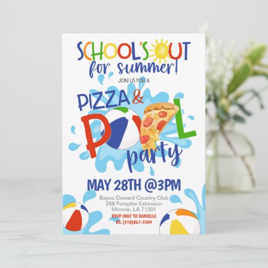 Einde School Pizza & Pool Party Uitnodiging (Staand voorkant)