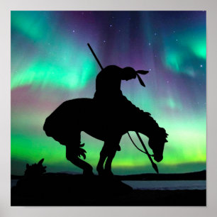 Einde van het spoor Silhouette met noordelijke lic Poster