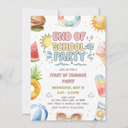 Einde van school en begin van zomerfeest kaart (Voorkant)