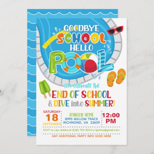 Einde van School Pool Party Uitnodiging - Jongen (Voorkant / Achterkant)